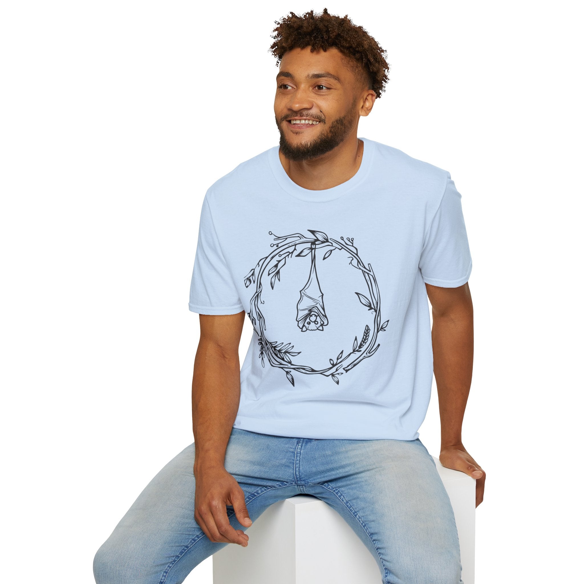 Minimal Bat Wreath with Hanging Rose Outline T-Shirt