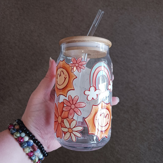 Mushroom Glass Cup With Lid & Straw