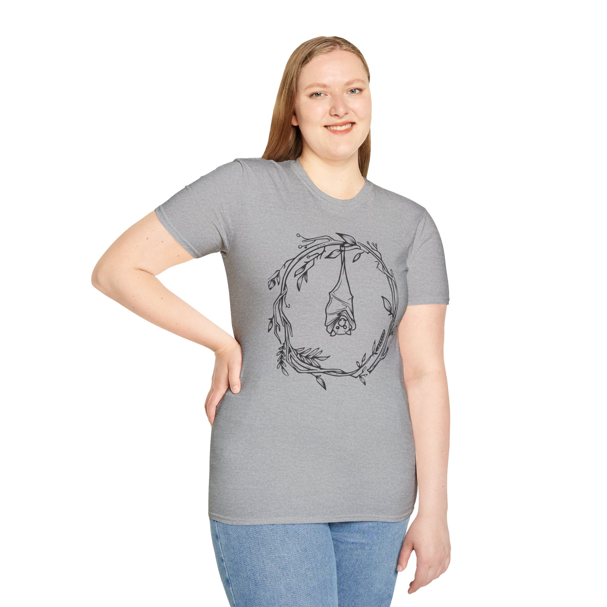 Minimal Bat Wreath with Hanging Rose Outline T-Shirt