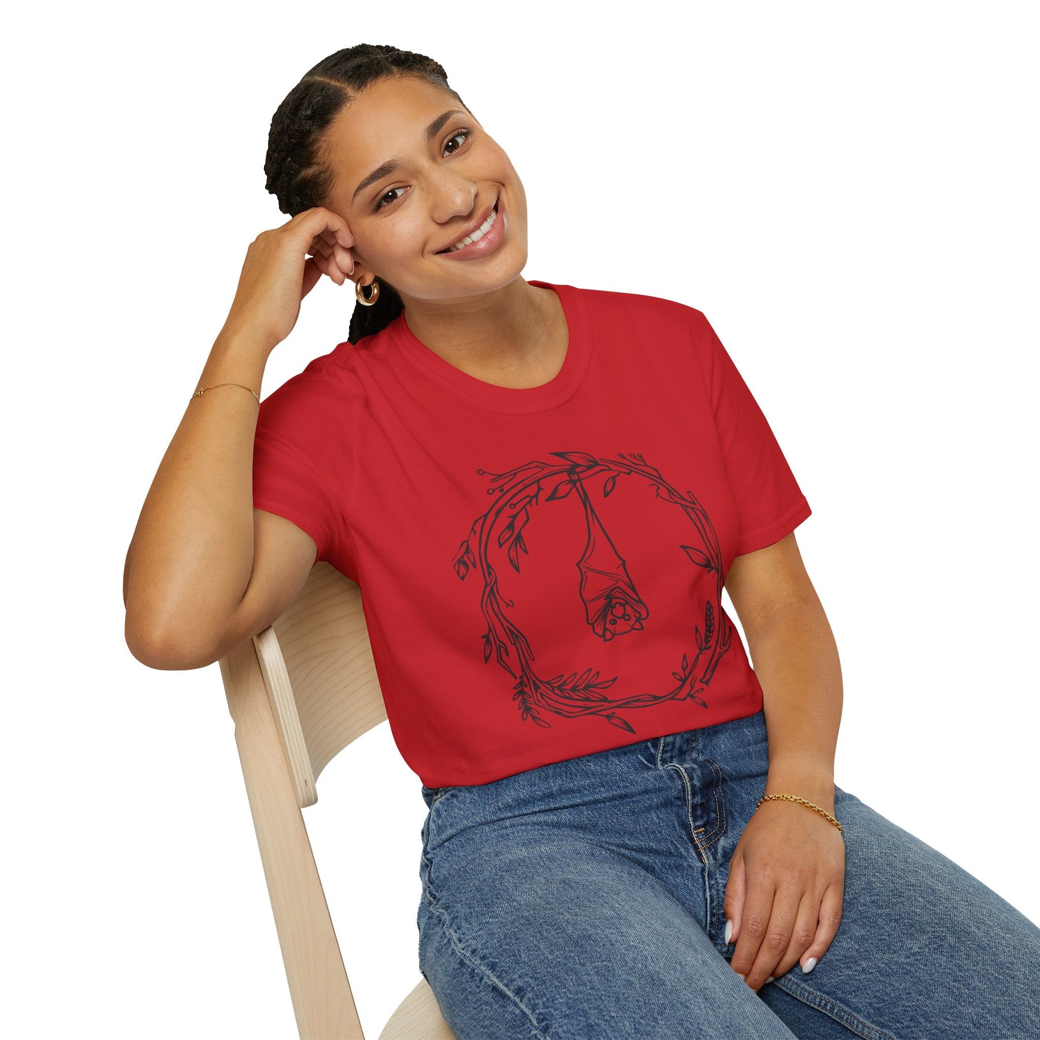 Minimal Bat Wreath with Hanging Rose Outline T-Shirt