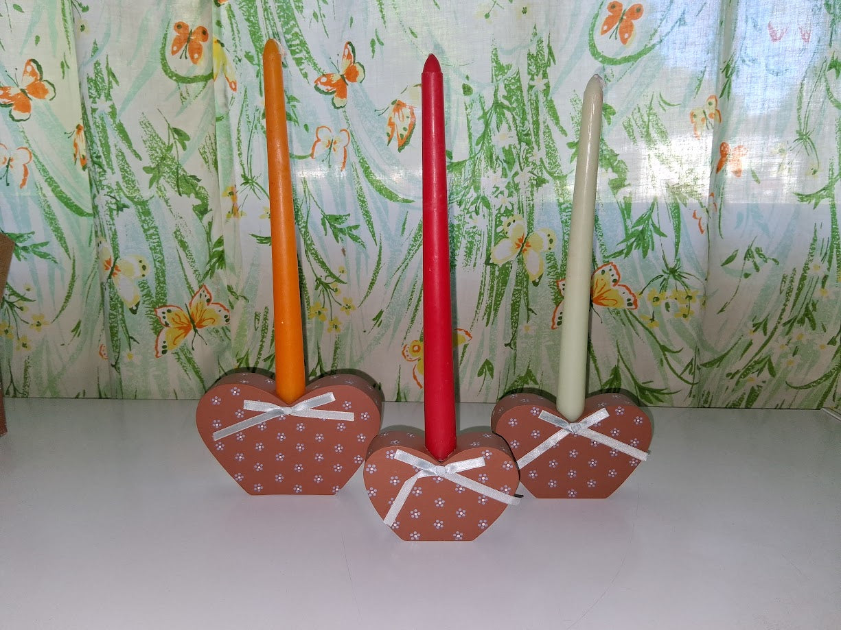 3pc Set Vintage Wooden Heart Shaped Candle Holders