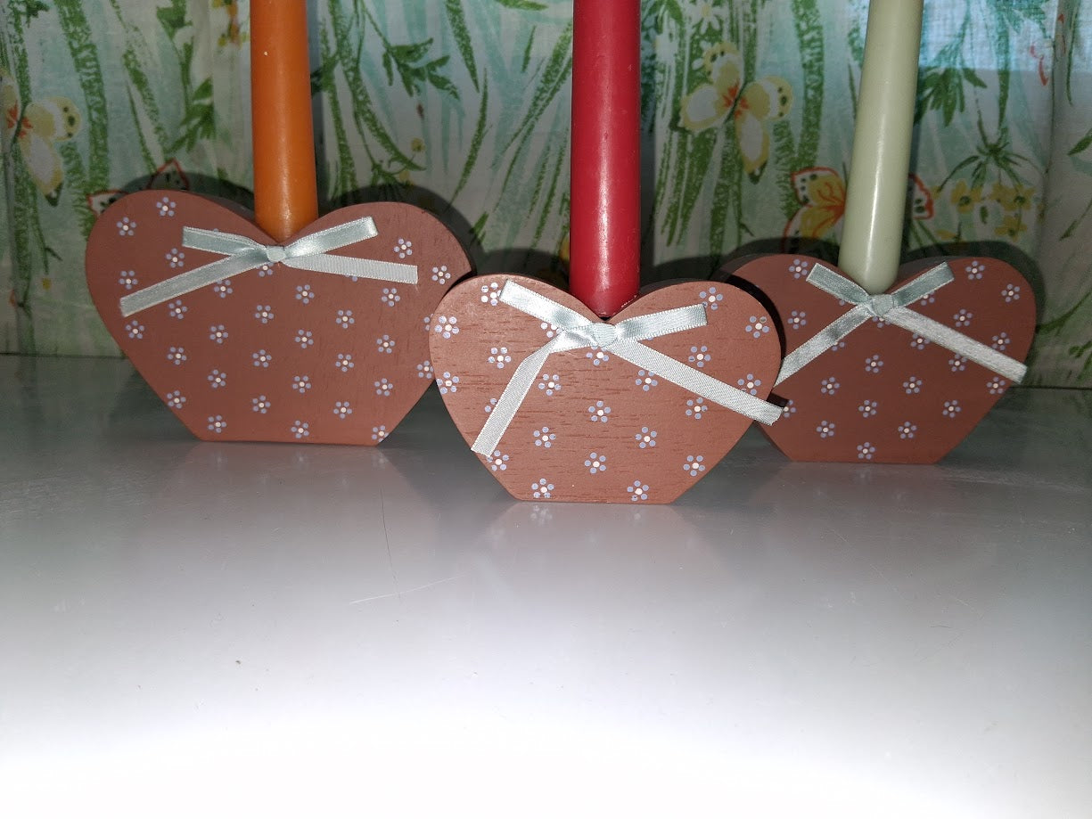 3pc Set Vintage Wooden Heart Shaped Candle Holders
