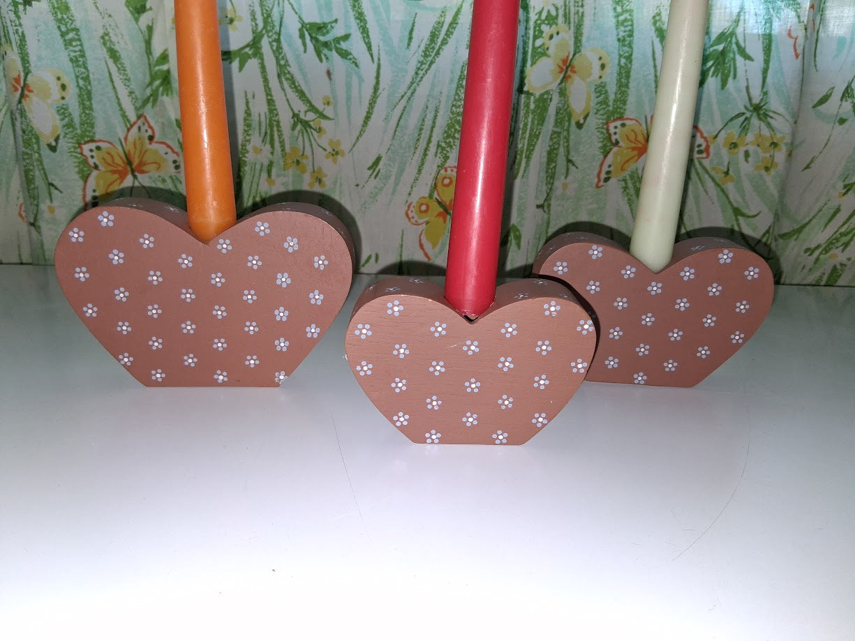 3pc Set Vintage Wooden Heart Shaped Candle Holders