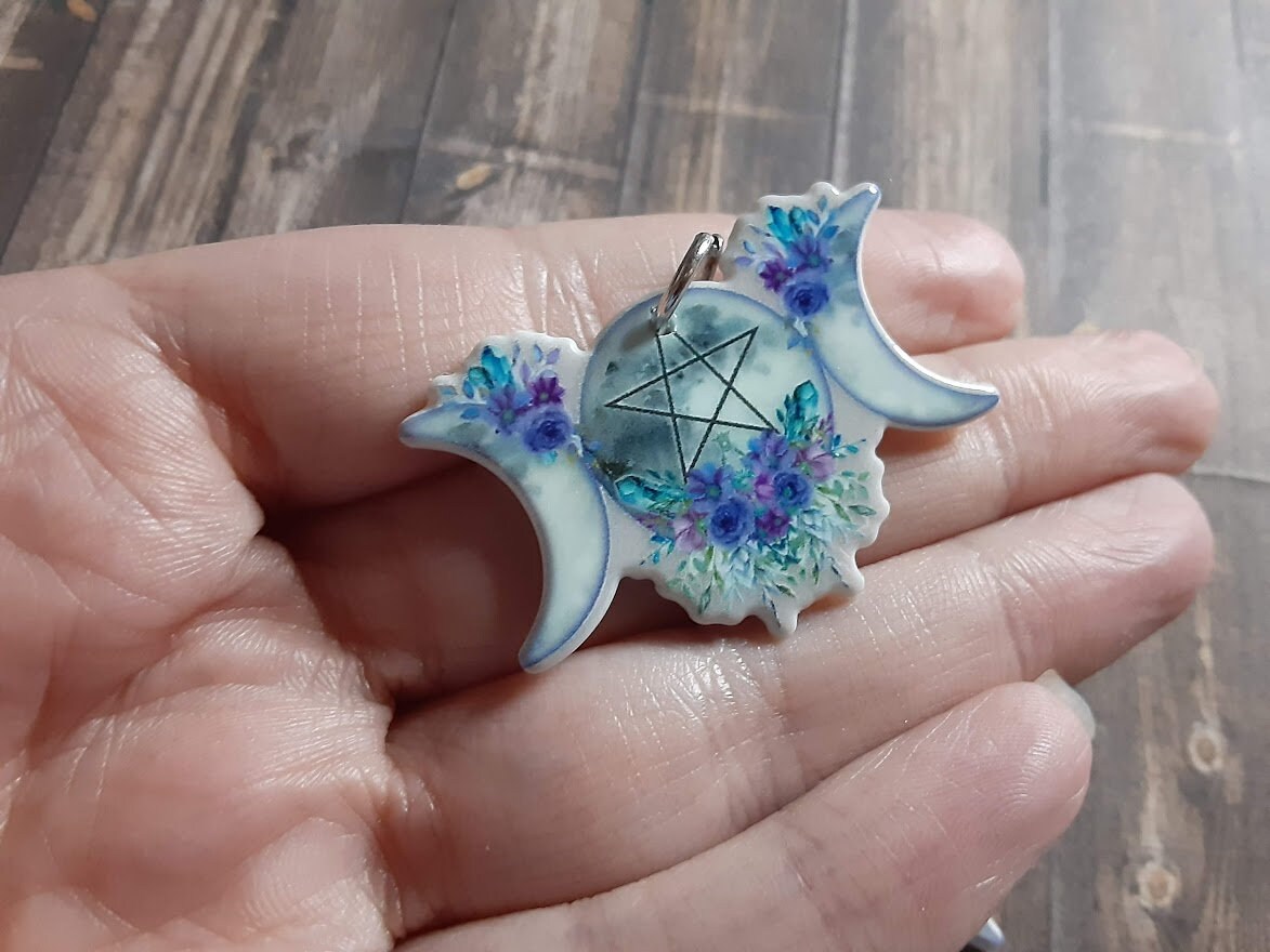 Witchy Blue Triple Moon Pentacle Double Sided Charm