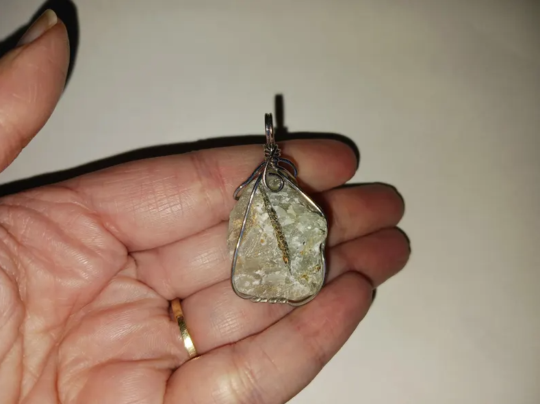 Wire Wrapped Raw Prehnite Crystal Pendant