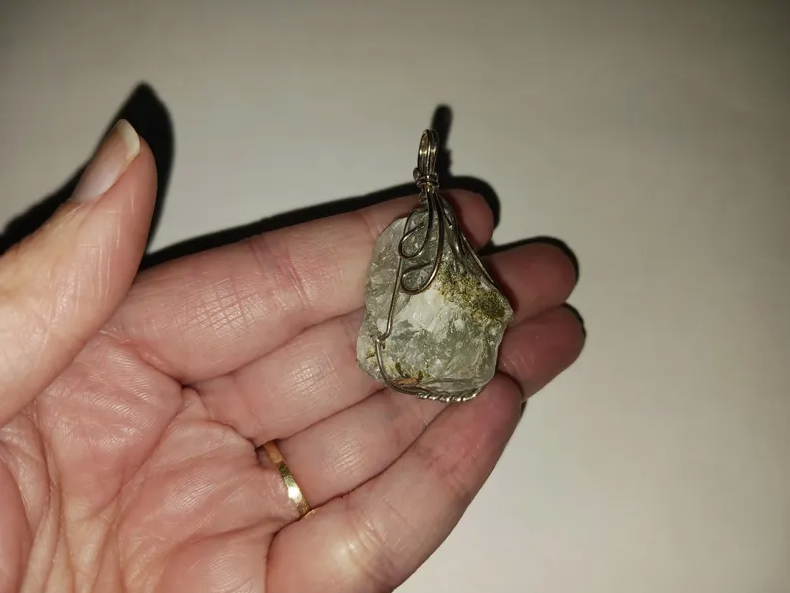 Wire Wrapped Raw Prehnite Crystal Pendant