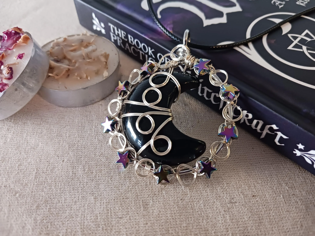 Wire Wrapped Black Obsidian Moon Necklace