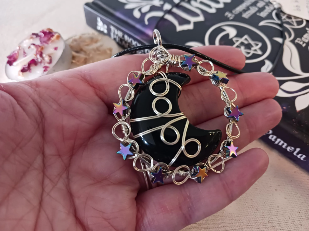 Wire Wrapped Black Obsidian Moon Necklace