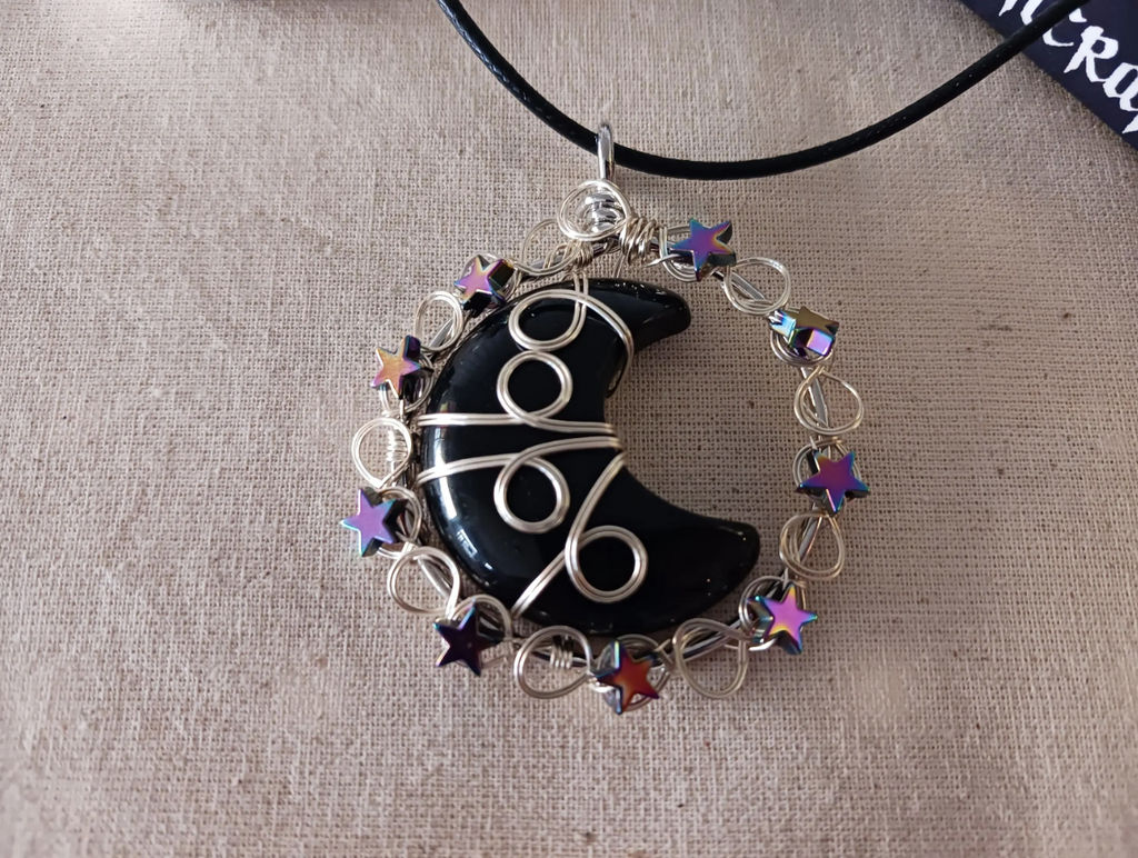 Wire Wrapped Black Obsidian Moon Necklace