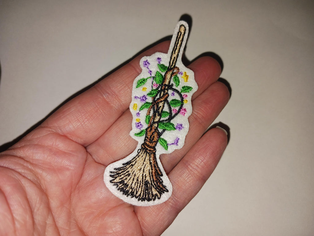 Floral Witch Broom Besom Iron On Patch