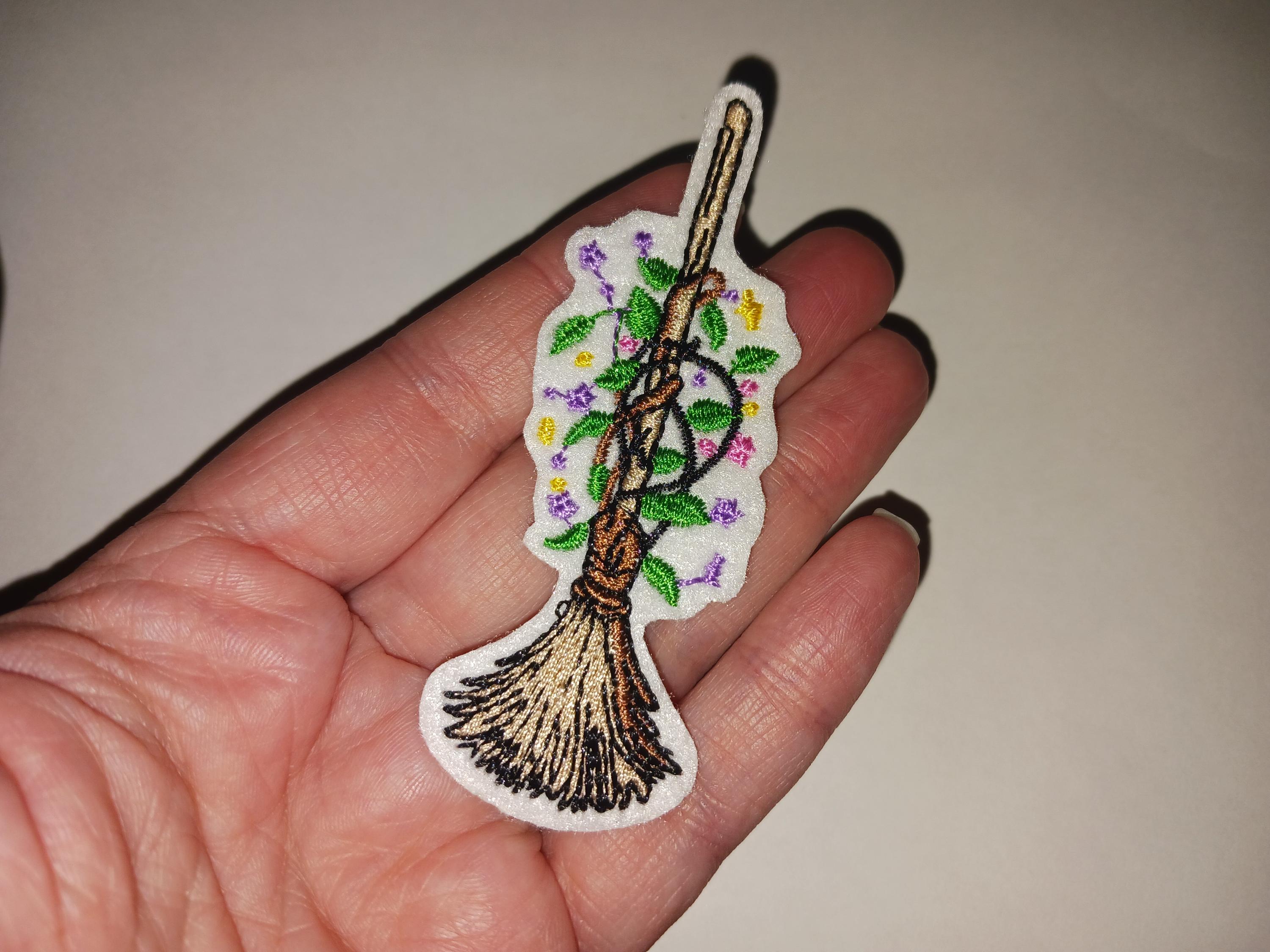 Floral Witch Broom Besom Iron On Patch