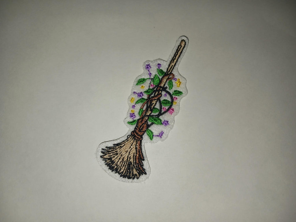 Floral Witch Broom Besom Iron On Patch