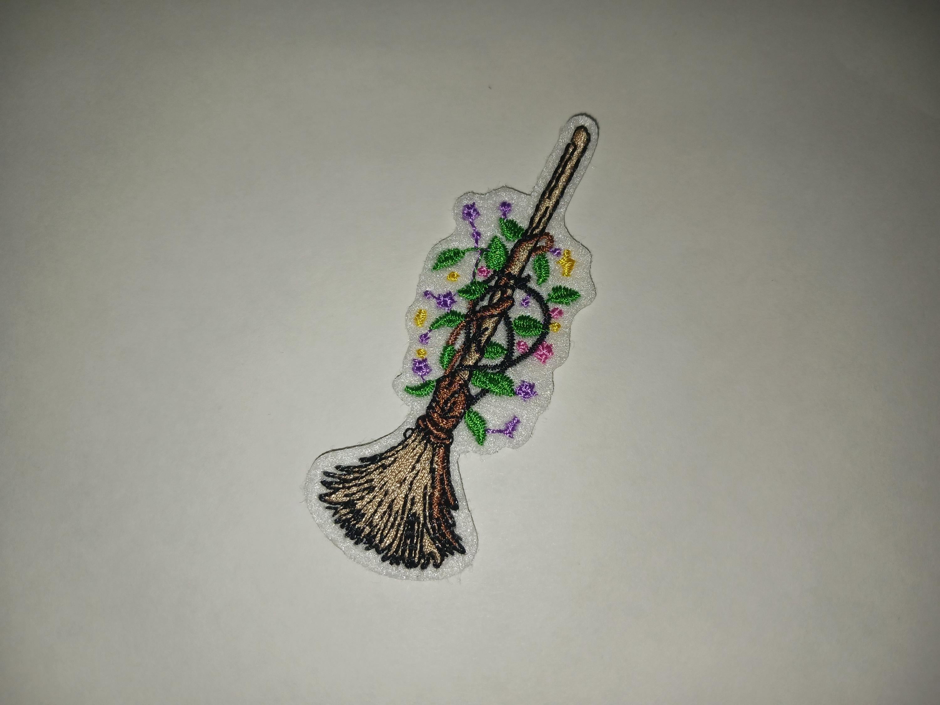 Floral Witch Broom Besom Iron On Patch