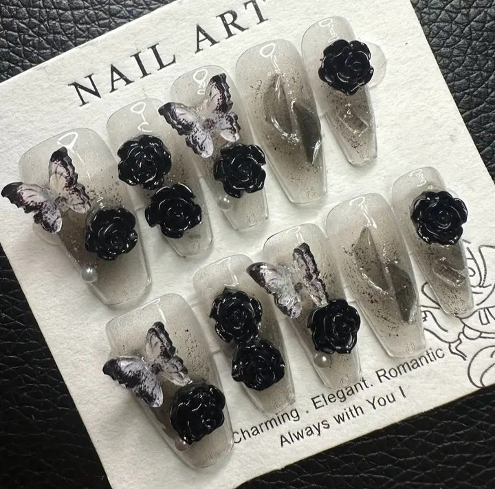 Luxury Handmade Press On Nails - Butterflies & Roses