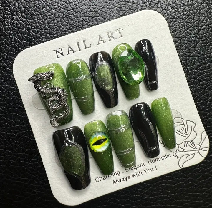 Luxury Handmade Press On Nails - Green Dragon