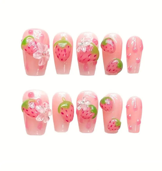 Luxury Handmade Press On Nails - Strawberry Fields