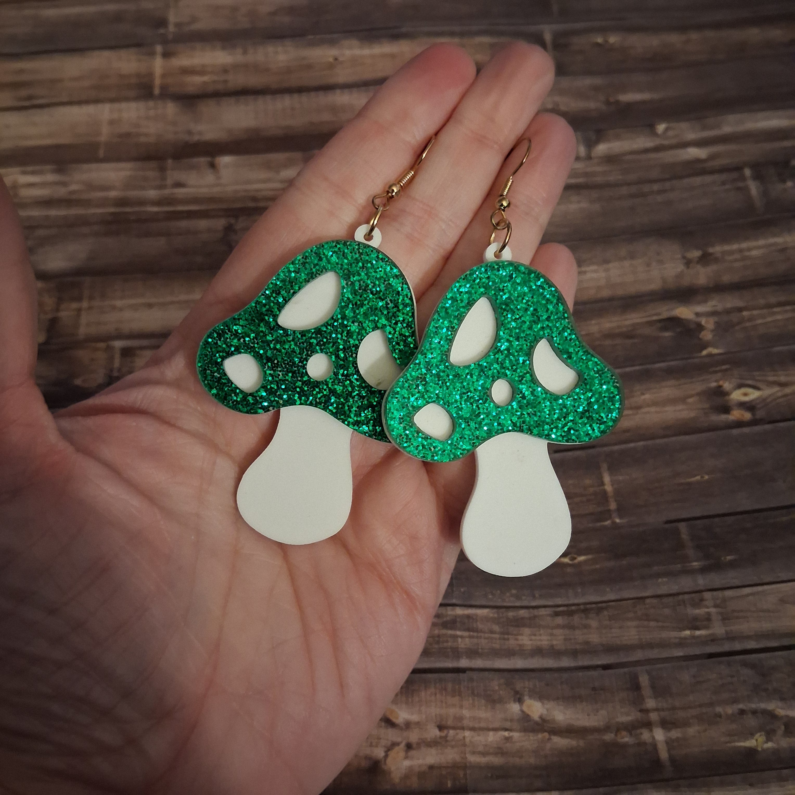 Acrylic Green Glitter Mushroom Earrings