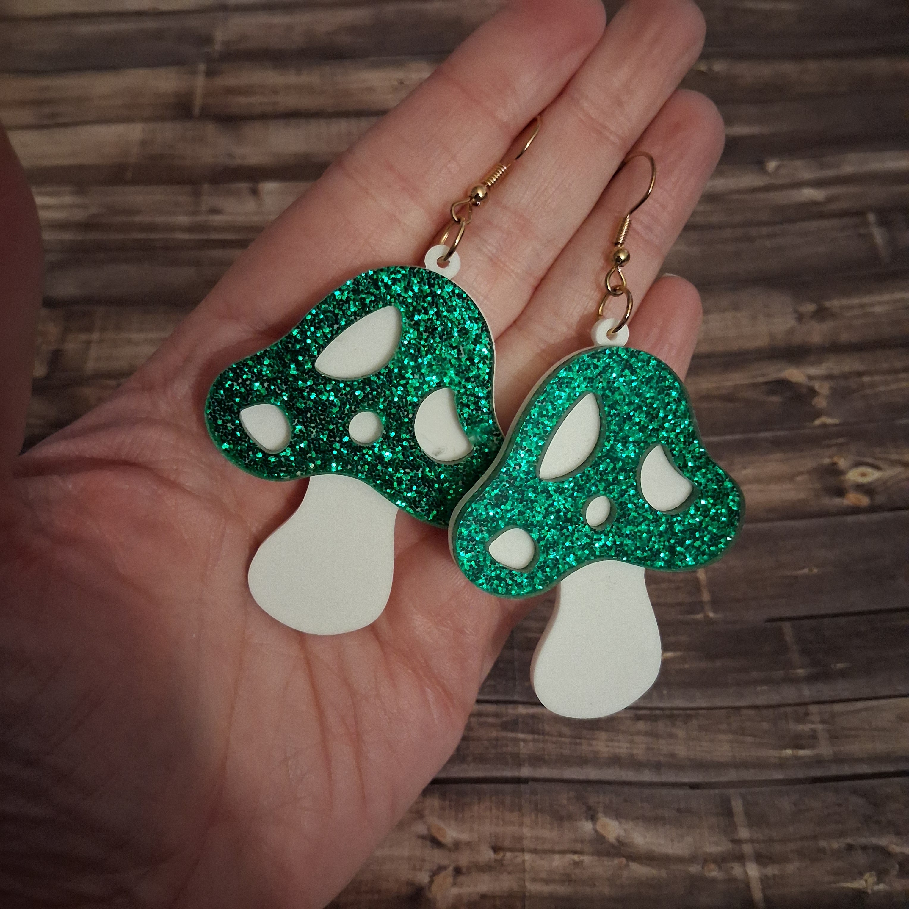 Acrylic Green Glitter Mushroom Earrings