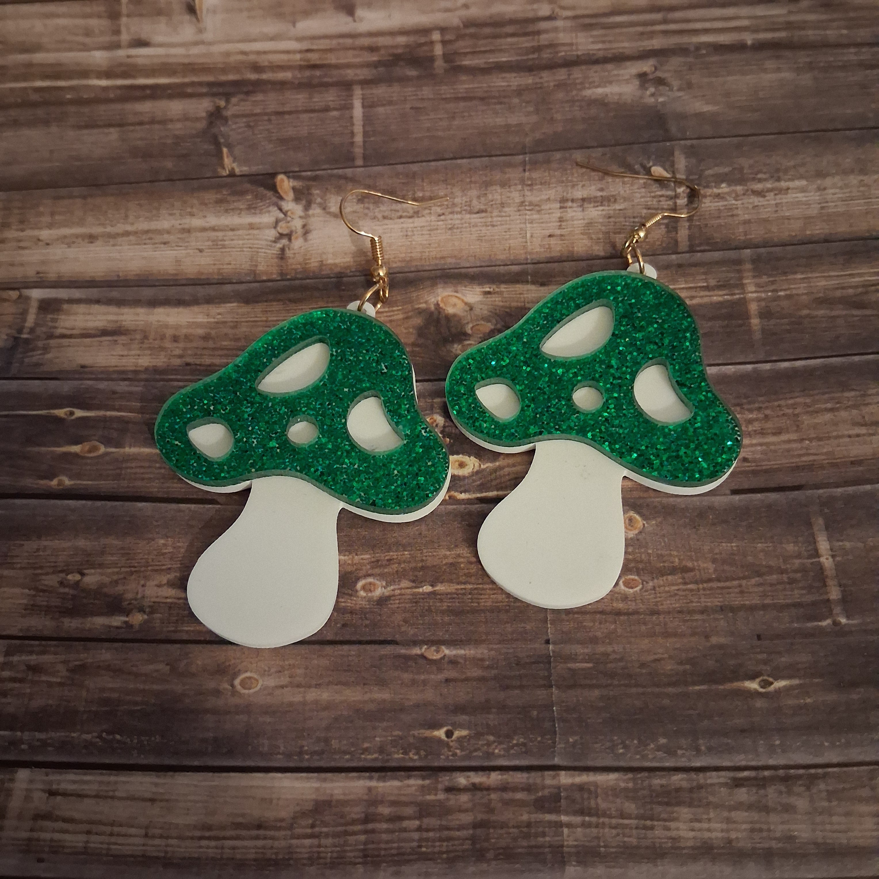 Acrylic Green Glitter Mushroom Earrings