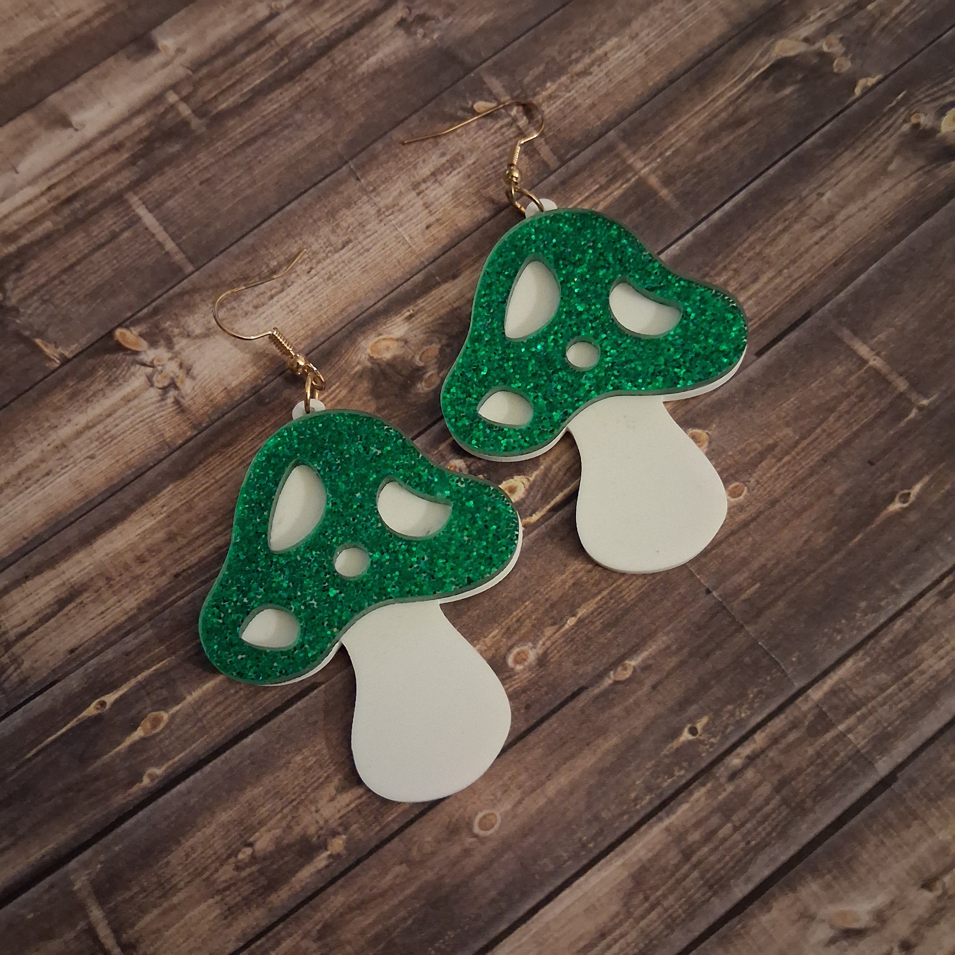 Acrylic Green Glitter Mushroom Earrings